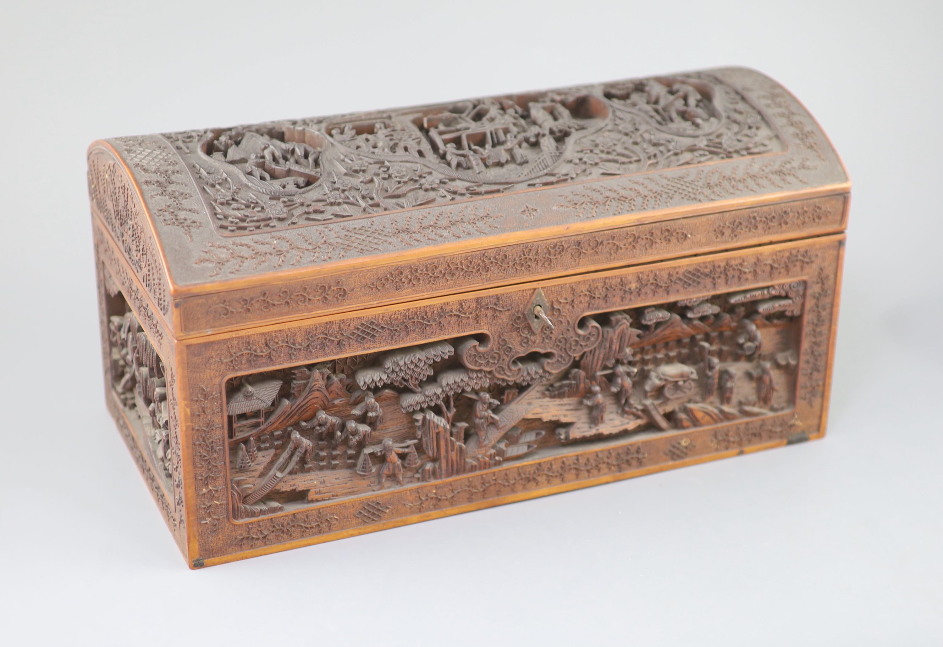 A large Chinese carved sandalwood box, 19th century, 40.5cm wide, Provenance - A. T. Arber-Cooke